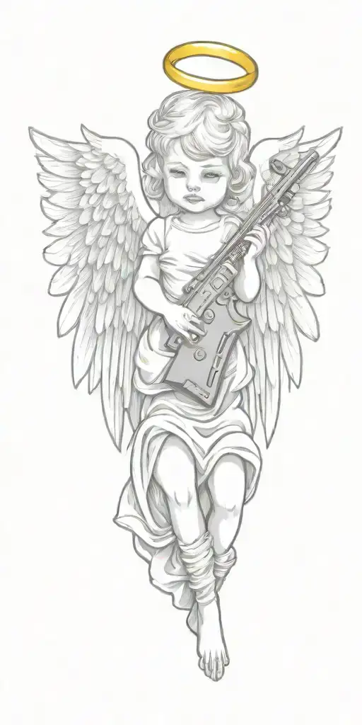 baby angel with wings wrapped while holding AK-47  guns   tattoo design idea