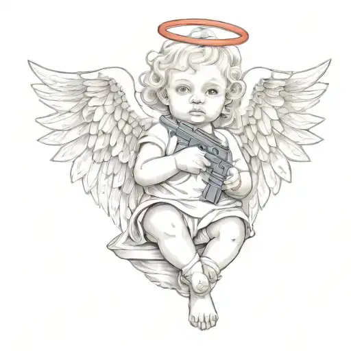 baby angel with wings wrapped while holding guns   tattoo design idea