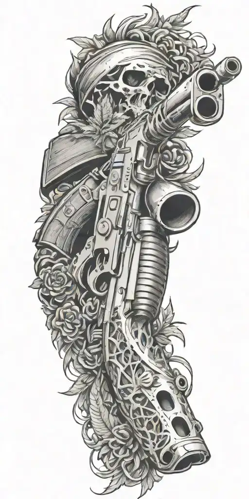 AK 47 gun smoking out barrel looking like marijuana tattoo design idea