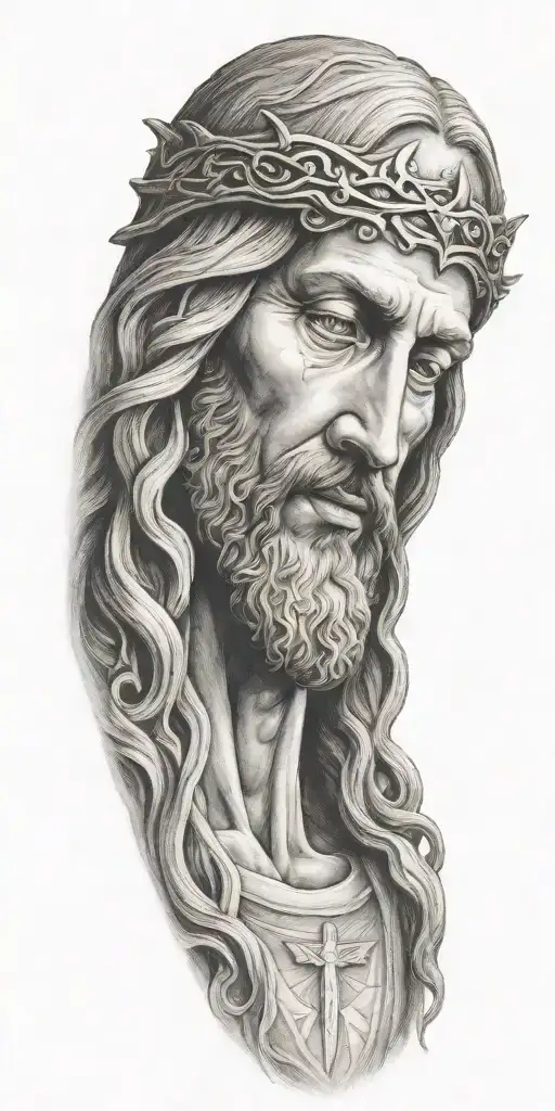 Jesus head with angelic scene below tattoo design idea