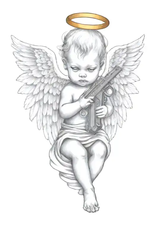 baby angel with wings wrapped while holding mack 10 machine gun  tattoo design idea