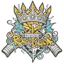 graffiti writing the name Richardson with a three pointed crown with smoking guns with broken bricks  tattoo design idea