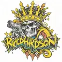 graffiti writing the name Richardson with a three pointed crown with smoking guns with broken bricks  tattoo design idea