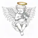 baby angel with wings wrapped while holding guns   tattoo design idea