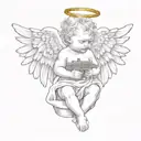 baby angel with wings wrapped while holding guns   tattoo design idea