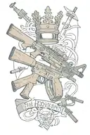 graffiti writing the name Richardson with a three pointed crown with smoking guns with broken bricks AK 47 gun layIng on tattoo design idea