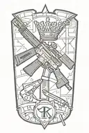 graffiti writing the name Richardson with a three pointed crown with smoking guns with broken bricks AK 47 gun layIng on tattoo design idea