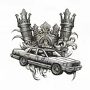 crown Vic donk with oversized rims and crowns integrated into the design with AK 47 gun smoking barrel in bac tattoo design idea