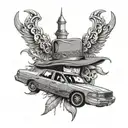 crown Vic donk with oversized rims and crowns integrated into the design with AK 47 gun smoking barrel in bac tattoo design idea