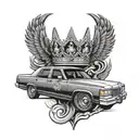 crown Vic donk with oversized rims and crowns integrated into the design with AK 47 gun smoking barrel in bac tattoo design idea