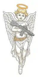 baby angel with wings wrapped while holding AR 15 gun tattoo design idea
