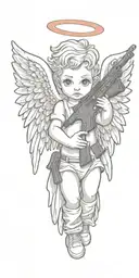 baby angel with wings wrapped while holding AR 15 gun tattoo design idea