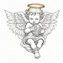 baby angel with wings wrapped while holding money bag  tattoo design idea