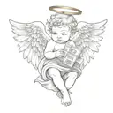 baby angel with wings wrapped while holding money bag  tattoo design idea