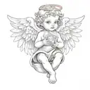 baby angel with wings wrapped while holding money bag  tattoo design idea