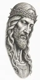 Jesus head with angelic scene below tattoo design idea