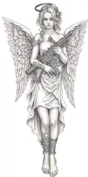 baby angel with wings wrapped while holding AR 15 gun tattoo design idea