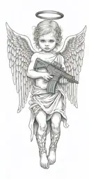 baby angel with wings wrapped while holding AR 15 gun tattoo design idea