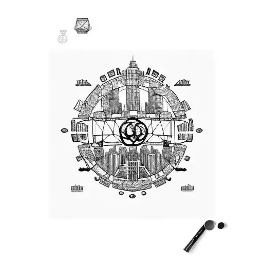 City skyline of Sydney, Athens and Singapore around Olympic rings  tattoo design idea