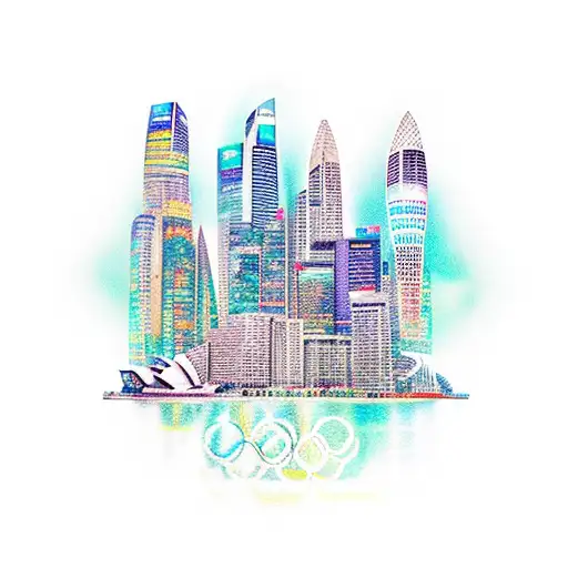 City skyline of Sydney, Athens and Singapore around Olympic rings  tattoo design idea