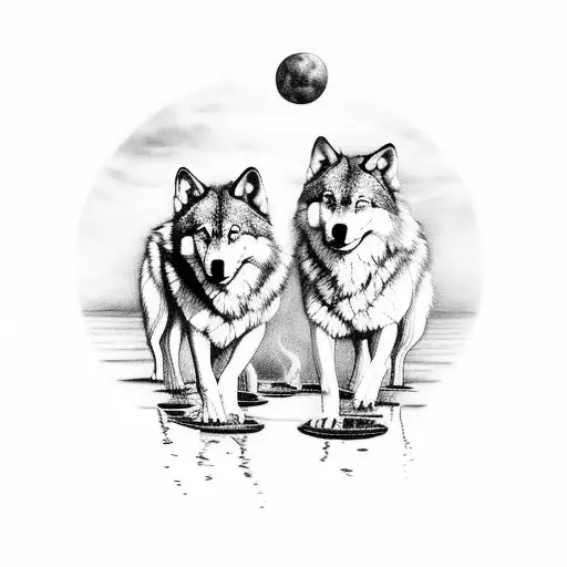 adult wolf standing on water. in the reflection of water are two pup wolves each pup has one paw on the adult wolfs paw tattoo design idea