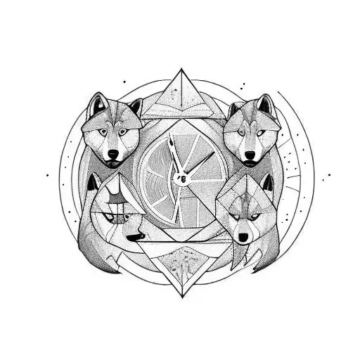 Hourglass with Father figure wolf and two pup wolves tattoo design idea