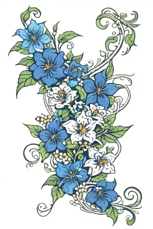 An abstract design incorporating the initials of each grandchild intertwined with vines of your favorite flowers: primrose, daisy, rose, lily of the valley, and holly tattoo design idea