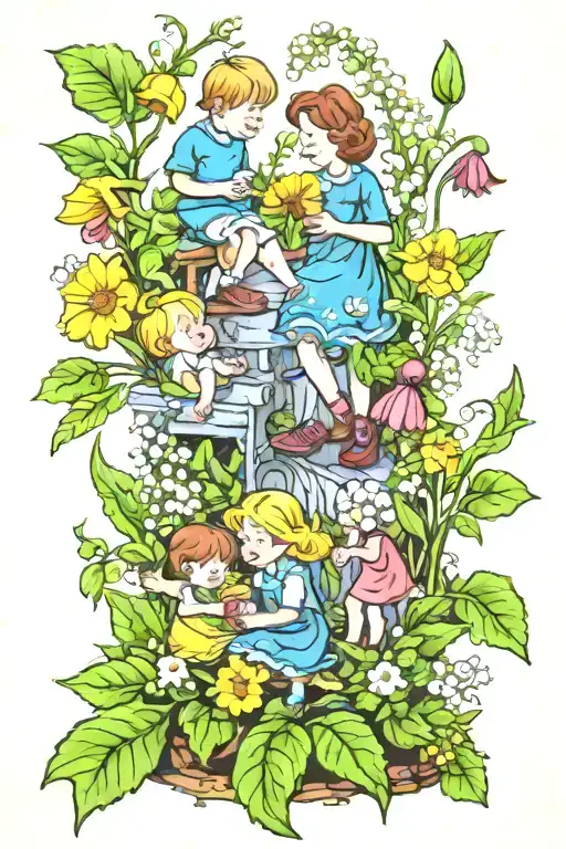 A whimsical garden scene with your grandkids playing among your favorite flowers: primrose, daisy, rose, lily of the valley, and holly tattoo design idea