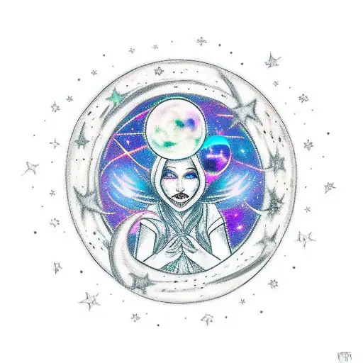A time-traveling witch casting spells under a night sky filled with seven colorful moons tattoo design idea