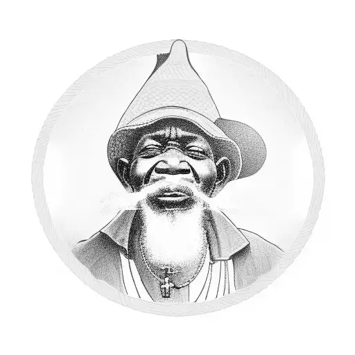 An old black man with a straw hat, smoking a pipe, with a rosary in his hand and Umbanda guides around his neck, wearing light colored clothes, sitting on a wooden stump as if he was praying. tattoo design idea