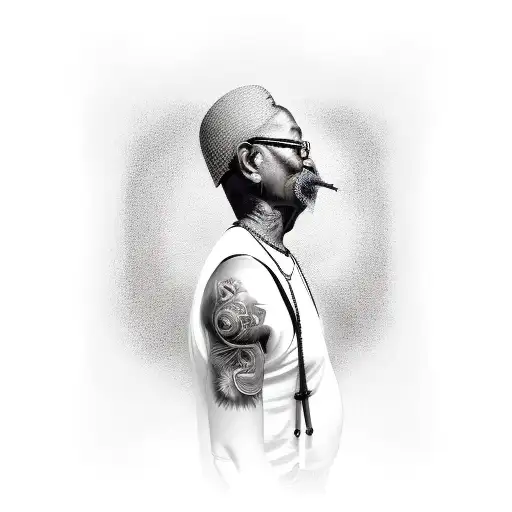 Make realistic tattoo style art. An old black man with a straw hat, smoking a pipe, with a rosary in his hand and Umband tattoo design idea