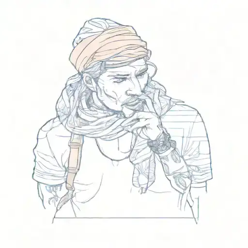 a man wearing a blue shirt with an orange bandana on his head tattoo design idea