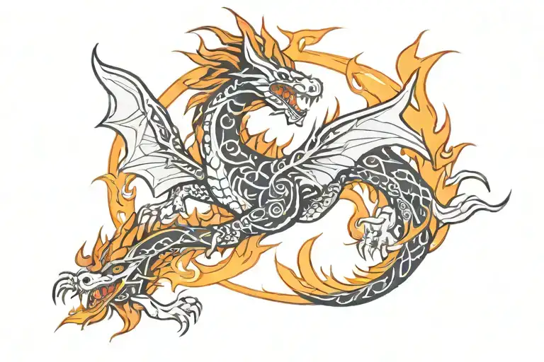 flame with tribal dragon flying tattoo design idea