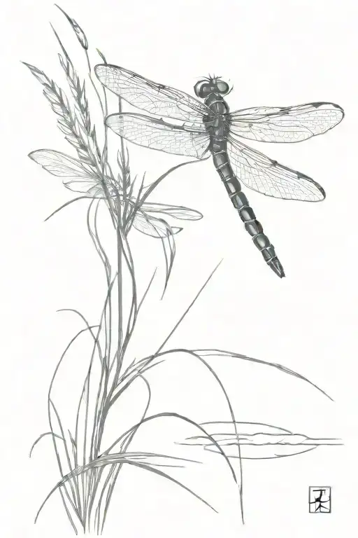 Dragonfly over Water reed with sun in the distance tattoo design idea