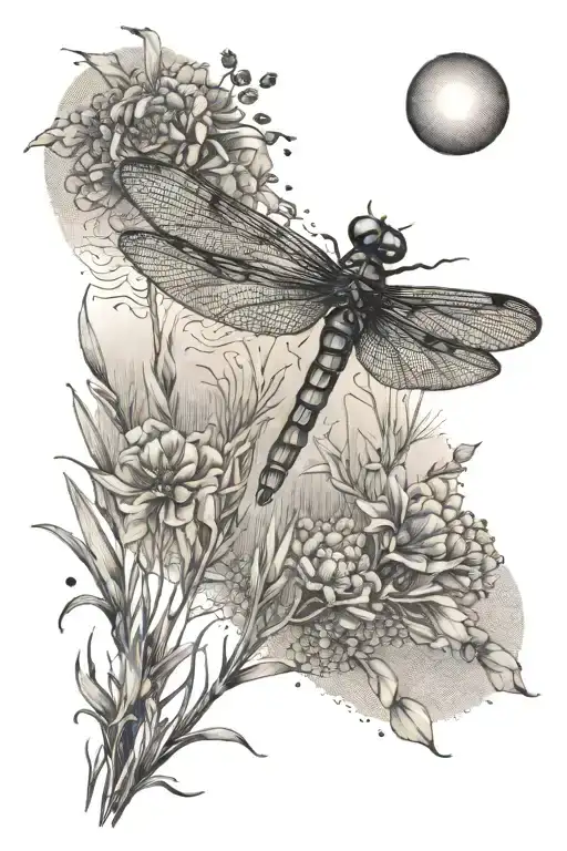 Dragonfly over Waters reed with rising sun in the distance tattoo design idea