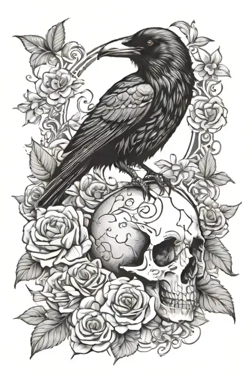 Realistic black and white forearm tattoo raven standing on a skull and bedind the raven moon flowers on the side tattoo design idea