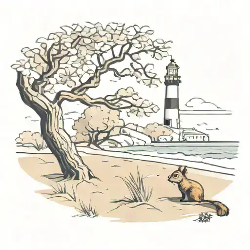 Beach with a lighthouse and an oaktree with a squirrel on the branch  tattoo design idea