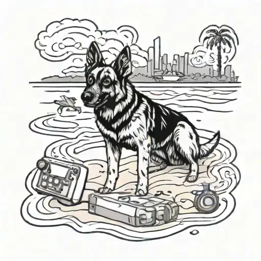 A beach scene with a German Shepherd playing in the sand, surrounded by video game controllers tattoo design idea