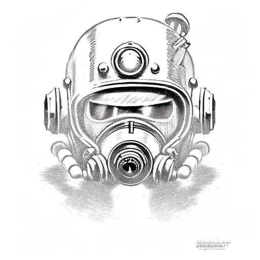 A detailed portrait of the Vault Boy character from Fallout 2, holding a motorcycle helmet tattoo design idea