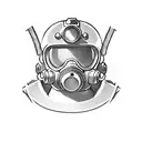 A detailed portrait of the Vault Boy character from Fallout 2, holding a motorcycle helmet tattoo design idea