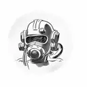 A detailed portrait of the Vault Boy character from Fallout 2, holding a motorcycle helmet tattoo design idea