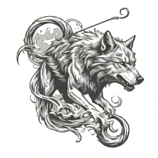 A majestic wolf leaping out of a fishing hook, with a subtle anime-inspired background tattoo design idea