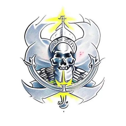 saint Michael defeating a demon with skulls, a dove and roses also with the words si vis pacem para bellum tattoo design idea