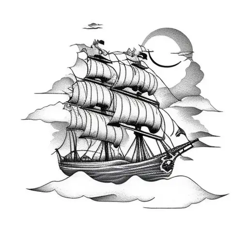 pirate ship with black sails and clouds that look like skulls tattoo design idea