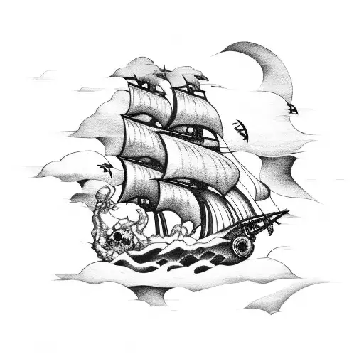 pirate ship with black sails and clouds that look like skulls tattoo design idea