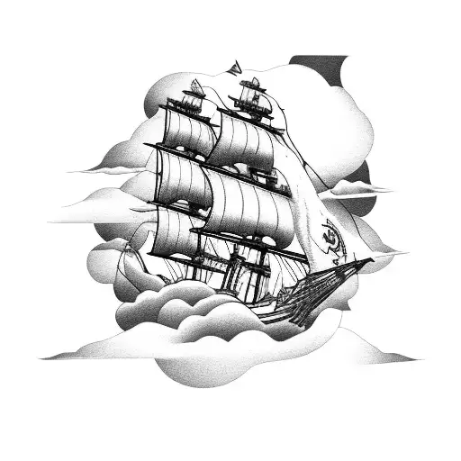 pirate ship, clouds that look like skulls tattoo design idea
