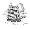 pirate ship with black sails and clouds that look like skulls tattoo design idea