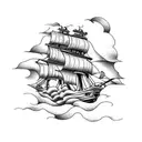 pirate ship with black sails and clouds that look like skulls tattoo design idea