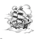 pirate ship with black sails and clouds that look like skulls tattoo design idea