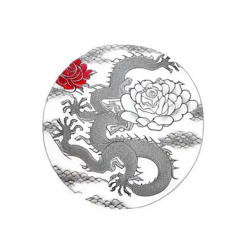 Japanese-style half-sleeve with dragon and several big roses tattoo design idea